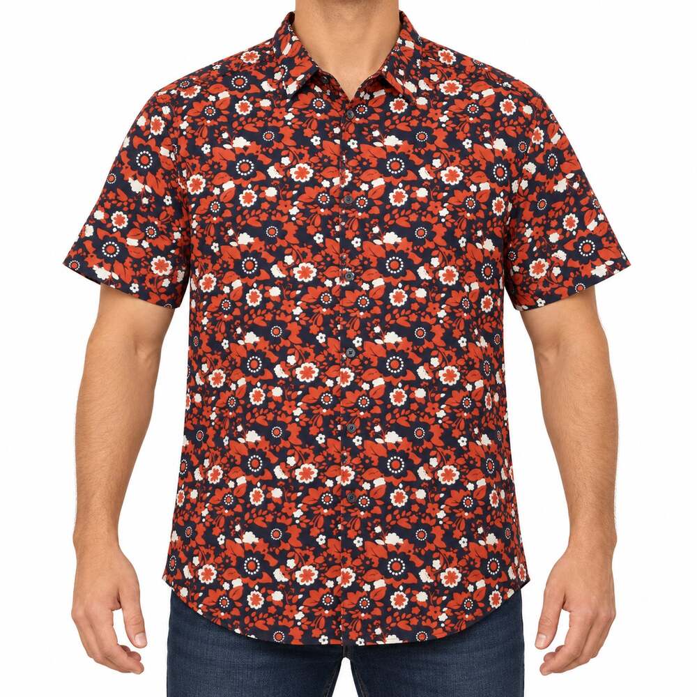 Denim & Flower Shirt Mens Large Slim Fit Floral Print Short Sleeve Button Down